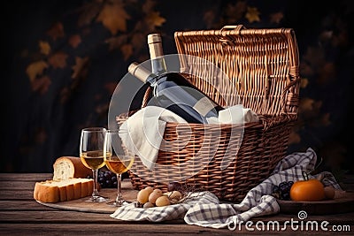 classic picnic basket with a bottle of wine and glasses on checkered cloth Stock Photo