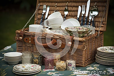 classic picnic basket with vintage china plates and silver utensils Stock Photo