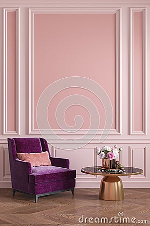 Classic pink interior with armchair, coffee table, flowes and wall moldings. Cartoon Illustration