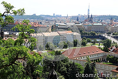 Classic Prague - aerial view to old roof buildings and street , Czech Republic Stock Photo