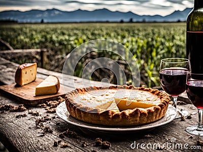 A classic quiche Lorraine pie with potatoes meat and cheese on a wooden table Stock Photo