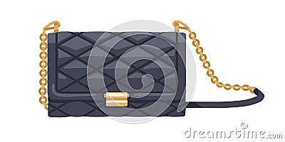 Classic quilted black flap bag with gold chain. Women fashion clutch. Small leather elegant purse. Modern rectangular Vector Illustration