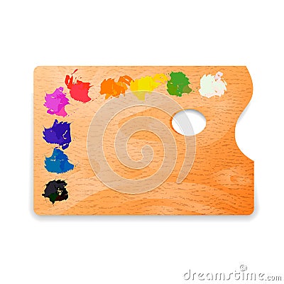 Classic rectangle wooden artist palette with oil paints on white Stock Photo