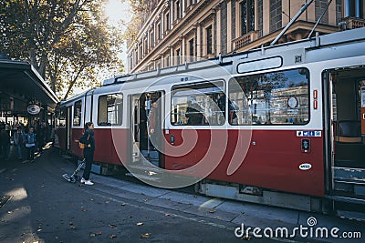 Classic red and white tram in Vienna city center Editorial Stock Photo