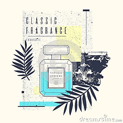 Classic retro bottle of perfume on a grunge background. Vector Illustration