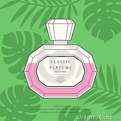 Classic retro bottle of perfume on a tropical background. Vector Illustration