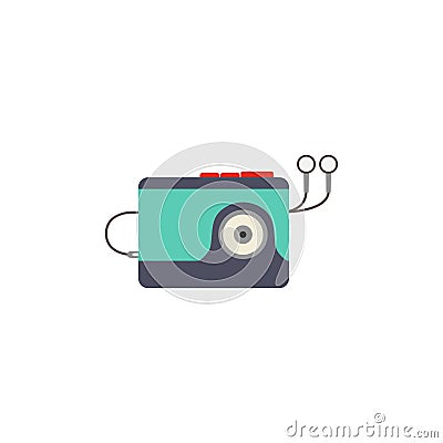 Classic retro portable cassette tape player with attached headphones. White background. Vector illustration. EPS 10 Cartoon Illustration