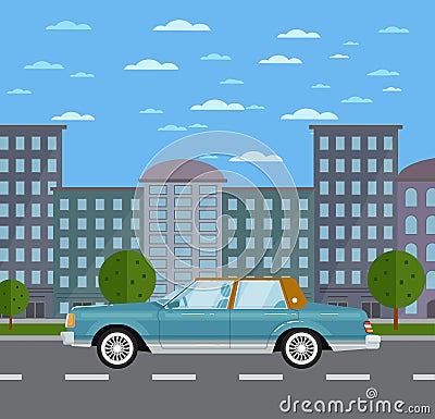 Classic retro sedan in urban landscape Cartoon Illustration