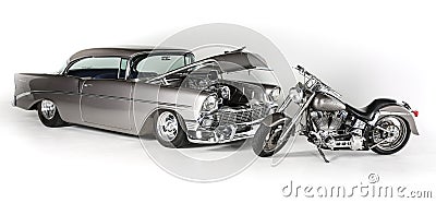 Classic Retro style Chevrolet Coup 1956 and Harley Davidson CVO Motorbike White Background, Isolated. Vintage U.S. Car. Editorial Stock Photo