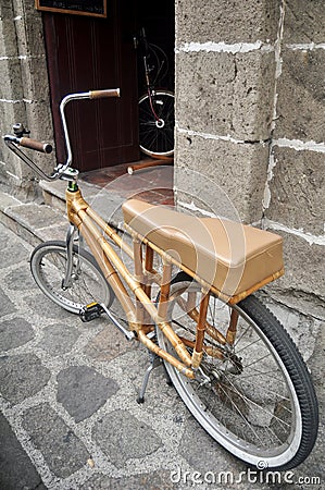 Classic retro vintage antique bamboo bicycle philippine style stop front of local house wait Filipino people and travelers foreign Stock Photo