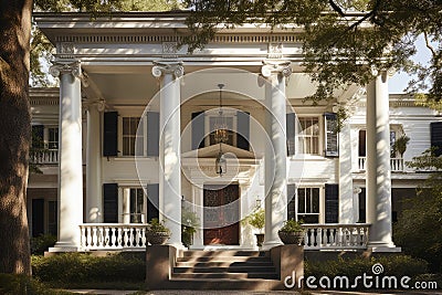 classic revival-style house, with detailed columns and ornate entryway Stock Photo