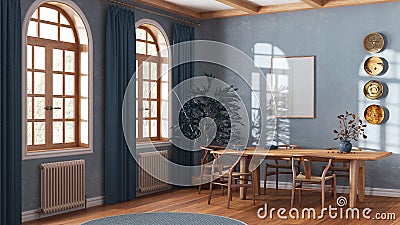 Classic scandinavian dining room in blue and beige tones. Wooden table with chairs, parquet and frame mockup. Japandi interior Stock Photo