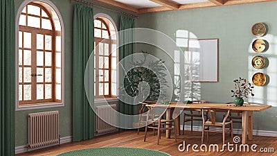 Classic scandinavian dining room in green and beige tones. Wooden table with chairs, parquet and frame mockup. Japandi interior Stock Photo