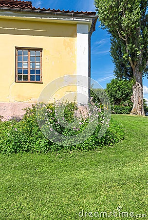 Classic Scandinavian house on a green lawn Stock Photo