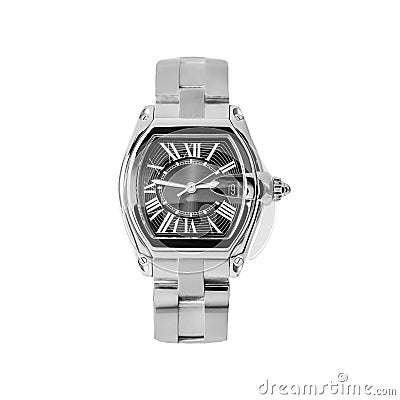 Classic silver watch with a black dial with a calendar and a steel strap Stock Photo