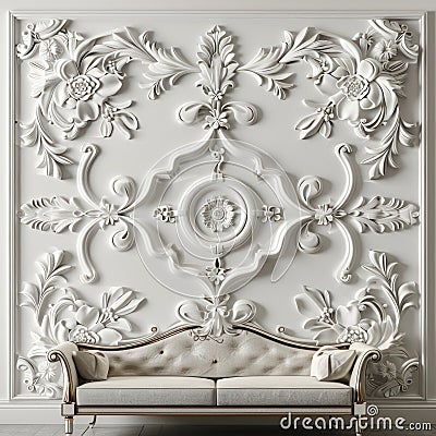 Stucco Wall Ornamentation with Classic Sofa Stock Photo