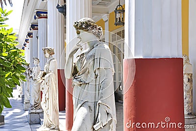 Classic statues, sculptures columns at Achilleion Palace, Corfu, Greece. Editorial Stock Photo