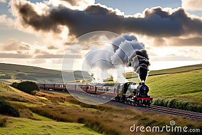 classic steam train chugging through the countryside, with rolling hills and pastel skies Stock Photo