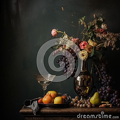 Classic still life with fruits and wine Stock Photo