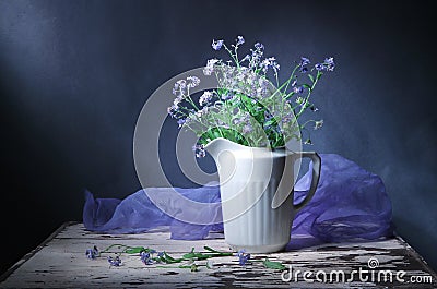 Classic still life jug with blue flowers forget me not decorative picture. Art Photography. Greeting card. Text free space. Blue b Stock Photo