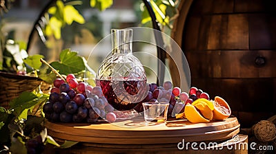 Classic still-life with red wine in jar and ripe grapes bunch generative ai Stock Photo