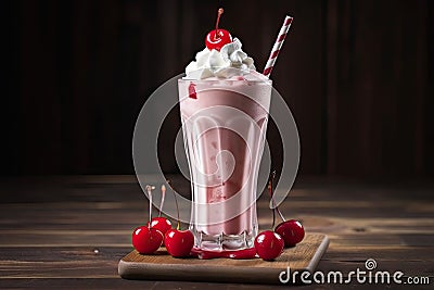 classic strawberry milkshake, topped with whipped cream and cherry Stock Photo