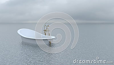A classic-style bathtub floats on the surface of a calm sea or ocean in cloudy foggy weather. Conceptual creative illustration Cartoon Illustration