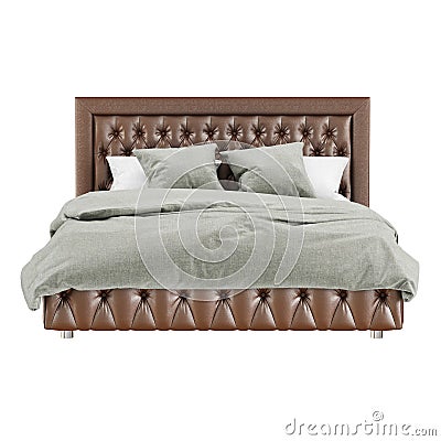 Classic-style bed with brown quilted leather upholstery and gray-white bedding on a white background. 3d rendering Stock Photo