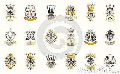 Classic style De Lis and crowns emblems big set, lily flower symbol ancient heraldic awards and labels collection, classical Vector Illustration