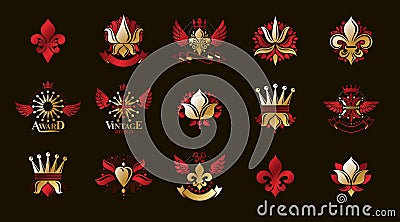 Classic style De Lis and crowns emblems big set, lily flower symbol ancient heraldic awards and labels collection, classical Vector Illustration