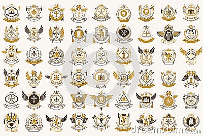 Classic style emblems big set, ancient heraldic symbols awards and labels collection, classical heraldry design elements, family Vector Illustration