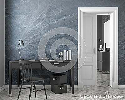 Classic style work place interior mock up with chalkboard wall, table, chair, door. 3D render illustration. Cartoon Illustration
