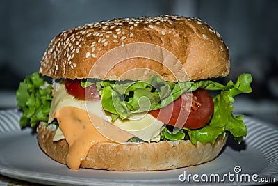 Classic tasty and unhealthy hamburger. Gain weight street food and fast food. Stock Photo