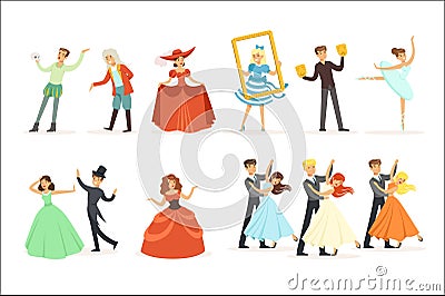 Classic Theater And Artistic Theatrical Performances Series Of Illustrations With Opera, Ballet And Drama Performers On Vector Illustration