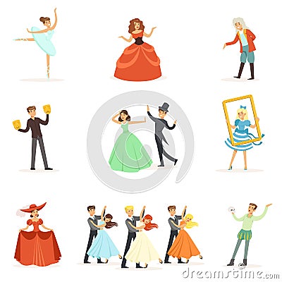 Classic Theater And Artistic Theatrical Performances Series Of Illustrations With Opera, Ballet And Drama Performers On Vector Illustration