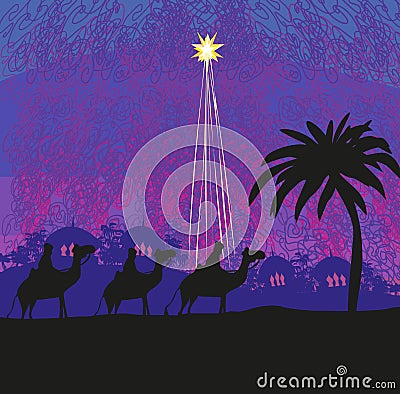 Classic three wise men scene and shining star of Bethlehem Vector Illustration
