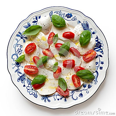 Classic tomato, fresh basil and mozzarella salad. On blue and white ornate plate drizzled with olive oil and black pepper isolate Stock Photo