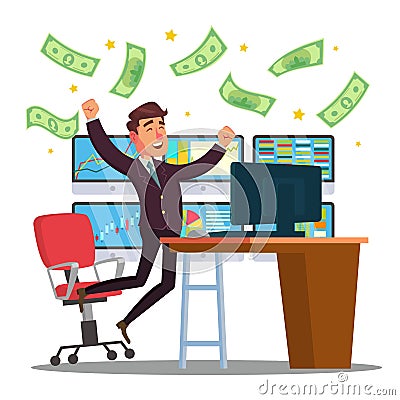 Professional Trader Vector. Online Working Trader With Monitor. Multiple Computer Screens. Flat Cartoon Illustration Vector Illustration