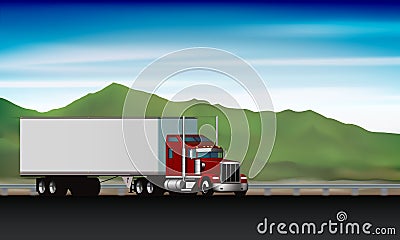 Classic truck driving on highway on background of green hills and sky, big rig semi truck with dry van on the road, vector Vector Illustration