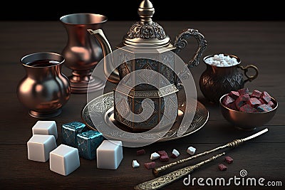 classic turkish coffee set, with copper pot, demitasse cup, and sugar cubes Stock Photo