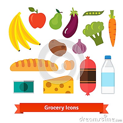 Classic vegetables, fruits and groceries Vector Illustration