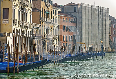 Gondolas moored on the gran canal Editorial Stock Photo
