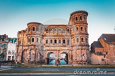 Famous Porta Nigra in Trier at sunrise, Rheinland-Pfalz, Germany Stock Photo