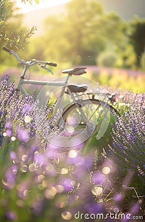 Vintage Bicycle Resting Amongst Vibrant Lavender Fields at Sunset Stock Photo