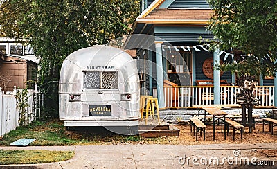 Classic vintage camper parked in Bishop Arts district in Dallas,Texas Editorial Stock Photo