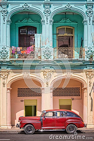 Classic vintage car and coloful colonial buildings in Old Havana Stock Photo