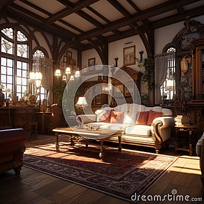 Classic vintage old-fashioned living room with leather sofa book shelf and wooden furniture. Stock Photo