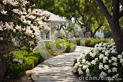 Classic and vintage pathway with green yard white rocks and flower bush Stock Photo