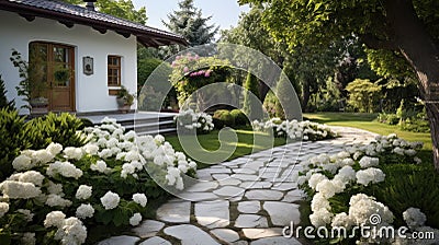 Classic and vintage pathway with green yard white rocks and flower bush Stock Photo