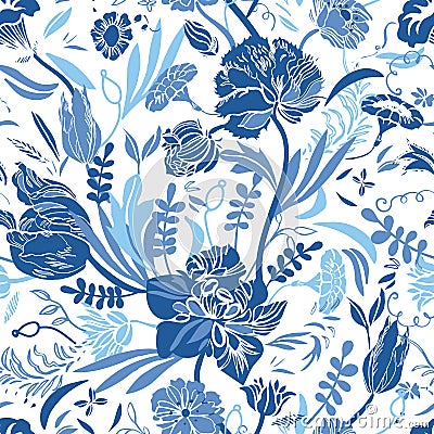 Classic vintage porcelain blue floral pattern. Royal hand drawn elegant baroque floral design. Vector Illustration